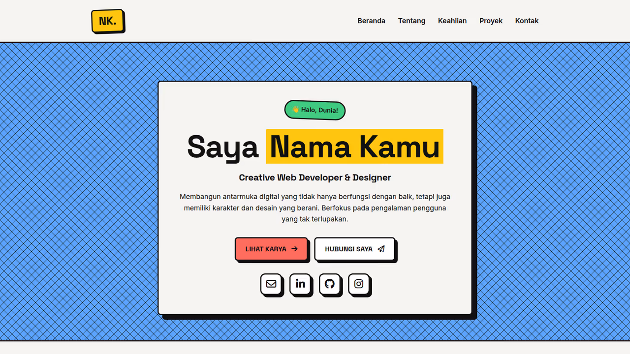Tampilan template Portfolio Neobrutalism